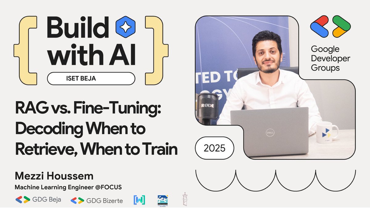 Unlock AI secrets! Join Build with AI on May 17 at ISET Beja for RAG vs. Fine-Tuning with Mezzi Houssem (@FOCUS)! Organized by <a href="/GDGBeja/">GDG Beja</a> &amp; <a href="/GDGBizerte/">GDG Bizerte</a>. More info soon! #BuildWithAI #RAG #FineTuning #AI #ISETBeja #GDG