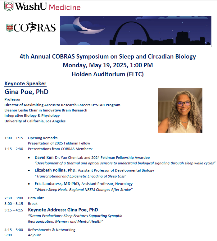 Erik Musiek (@erikmusiek) on Twitter photo One week from today- our Annual WashU COBRAS Symposium on Sleep and Circadian Biology! Featuring keynote by <a href="/doctorpoe/">Gina Poe</a>! Talks by <a href="/pollinalab/">Elizabeth Pollina</a>, <a href="/EricLandsness/">Eric Landsness</a>, and David Kim from <a href="/yaochen20/">Yao Chen</a> lab! Plus a data blitz! Join us in person or email cobras@wustl.edu for a Zoom link. One week from today- our Annual WashU COBRAS Symposium on Sleep and Circadian Biology! Featuring keynote by <a href="/doctorpoe/">Gina Poe</a>! Talks by <a href="/pollinalab/">Elizabeth Pollina</a>, <a href="/EricLandsness/">Eric Landsness</a>, and David Kim from <a href="/yaochen20/">Yao Chen</a> lab! Plus a data blitz! Join us in person or email cobras@wustl.edu for a Zoom link.