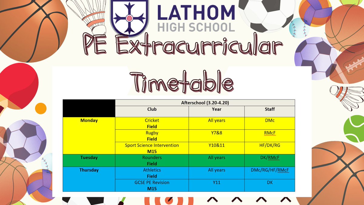 We are pleased to share our PE Extracurricular Timetable for the summer term.