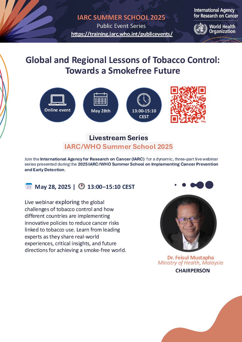 Join Part 1 of our 3-part live webinar series!
Throughout the 2025 #IARCSummerSchool we'll be holding 3 webinars.
Webinar 1 focuses on Global &amp; Regional Lessons of Tobacco Control: Towards a Smokefree Future, taking place 28 May, 13:00–15:10 CEST
Register: iarc.zoom.us/webinar/regist…