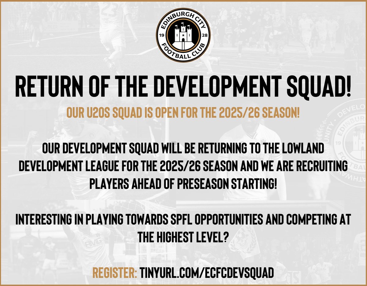 Edinburgh City FC Academy (@edincityacademy) on Twitter photo RETURN OF THE U20S!
Further to our announcement a few weeks ago on <a href="/ClubCitizens/">Citizens Supporters Club</a> podcast, we are delighted to confirm that our U20s squad will be returning to the Lowland Development League!
The Development Squad will act as a bridge towards First Team football and support RETURN OF THE U20S!
Further to our announcement a few weeks ago on <a href="/ClubCitizens/">Citizens Supporters Club</a> podcast, we are delighted to confirm that our U20s squad will be returning to the Lowland Development League!
The Development Squad will act as a bridge towards First Team football and support