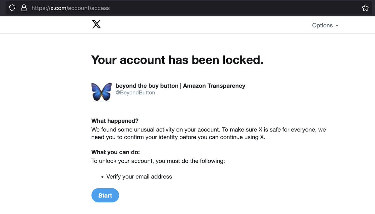 BeyondButton's tweet image. Interesting timing: after tweeting about Amazon’s violations and platform abuse, my X account was suddenly locked. No reason given. Just a vague “unusual activity.” I had to unlock it manually. Coincidence? Or is Big Tech watching Big Tech?  #Amazon #PlatformAccountability