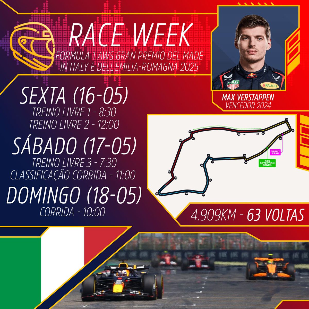 Prontos pra primeira race week de um triple header? 
Possivelmente o último GP em Imola, este será o primeiro GP de Hamilton na casa da Ferrari! 
Também será o primeiro do ano com os pneus C6, supermacios.
#ImolaGP #EmiliaRomagnaGP