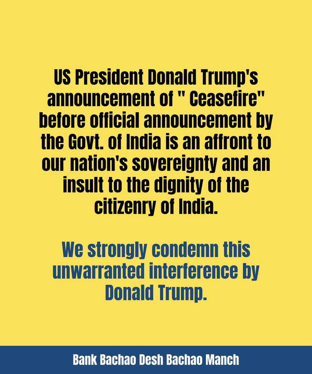 Soumya Datta (@soumyadatta7) on Twitter photo Donald Trump’s preemptive "ceasefire" claim is a blatant insult to India’s sovereignty. We don’t need foreign leaders speaking for us. Strongly condemn this interference from self styled global arbiters.
<a href="/narendramodi/">Narendra Modi</a> <a href="/POTUS/">President Donald J. Trump</a>
#Ceasefire
#IndiaPakistanWar Donald Trump’s preemptive "ceasefire" claim is a blatant insult to India’s sovereignty. We don’t need foreign leaders speaking for us. Strongly condemn this interference from self styled global arbiters.
<a href="/narendramodi/">Narendra Modi</a> <a href="/POTUS/">President Donald J. Trump</a>
#Ceasefire
#IndiaPakistanWar