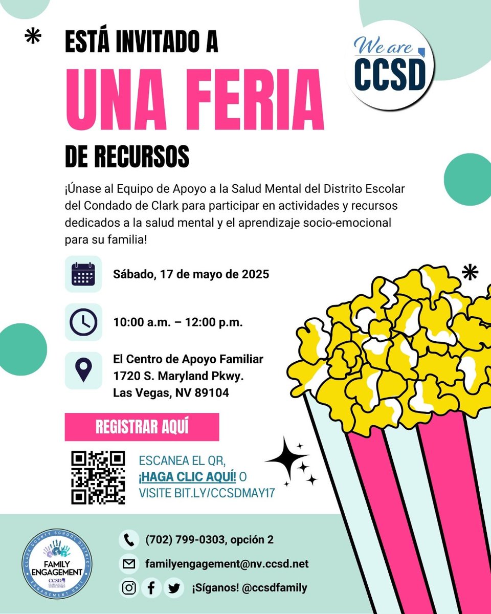 The CCSD Mental Health Support Team is hosting a Mental Health Resource Fair! Families can engage in activities and resources to learn more about mental health and social-emotional learning. We hope to see you there! 

🗓️May 17, 2025
⏰ 10 a.m. to 12 p.m.
📍Family Support Center