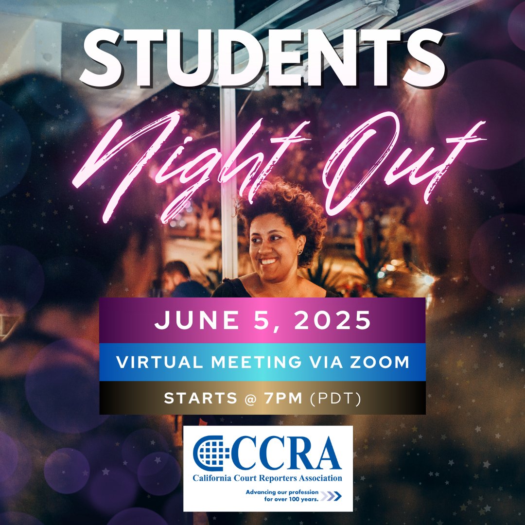🎉 CCRA Students Night Out is back on June 5, 2025!
Court Reporting &amp; Captioning students, join us on Zoom for a fun, casual meetup, and chat about the profession! 🎓💬
📧 Check your email for the link.
Not a member yet? Join here: ow.ly/657L50VRfl6