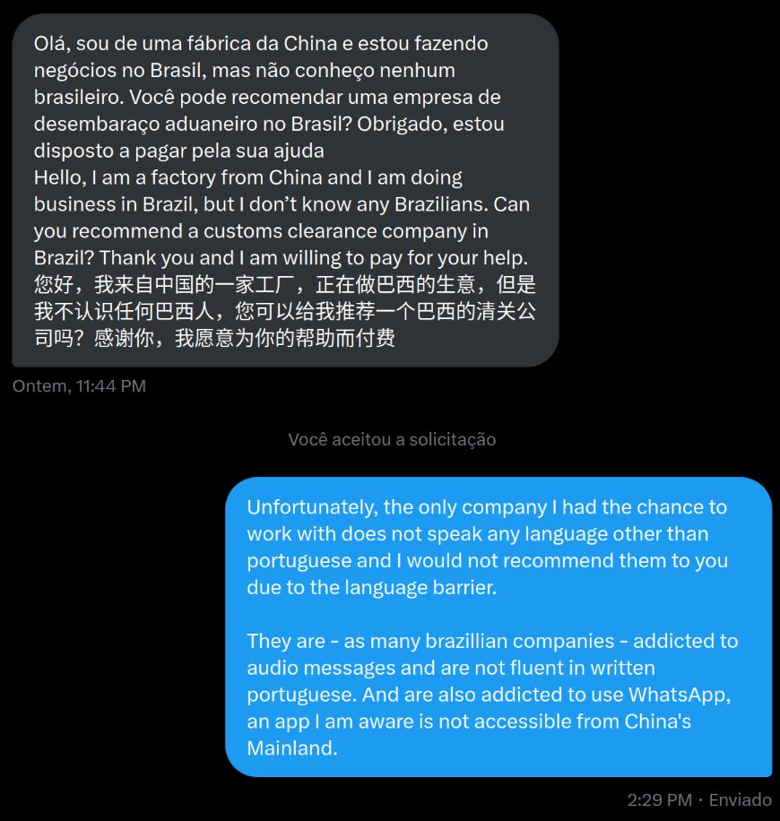 ayubio's tweet image. Um fabricante chinês me abordou pedindo indicação de empresa que faça desembaraço aduaneiro no Brasil. Não quis indicar pois todas que tive contato, apesar de entenderem do assunto, não tinham equipe alfabetizada e eram viciados em WhatsApp. Não quis indicar um serviço que como…