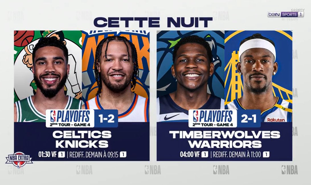 LIONEL BUTON (@liobuton) on Twitter photo Le programme playoffs NBA
cette nuit sur <a href="/beinsports_FR/">beIN SPORTS</a> <a href="/NBAextra/">NBAextra</a>
➡️ 1h30, B1 CELTICS @ KNICKS
<a href="/TonyMasson82/">Tony Masson</a> <a href="/singletonchr/">Chris</a>
➡️ 4h00, B1 WOLVES @ WARRIORS
<a href="/ERICMICOUD/">Eric Micoud</a> <a href="/LioButon/">LIONEL BUTON</a>
#TeamNoSleep #NBAextra 💪🏀 Le programme playoffs NBA
cette nuit sur <a href="/beinsports_FR/">beIN SPORTS</a> <a href="/NBAextra/">NBAextra</a>
➡️ 1h30, B1 CELTICS @ KNICKS
<a href="/TonyMasson82/">Tony Masson</a> <a href="/singletonchr/">Chris</a>
➡️ 4h00, B1 WOLVES @ WARRIORS
<a href="/ERICMICOUD/">Eric Micoud</a> <a href="/LioButon/">LIONEL BUTON</a>
#TeamNoSleep #NBAextra 💪🏀