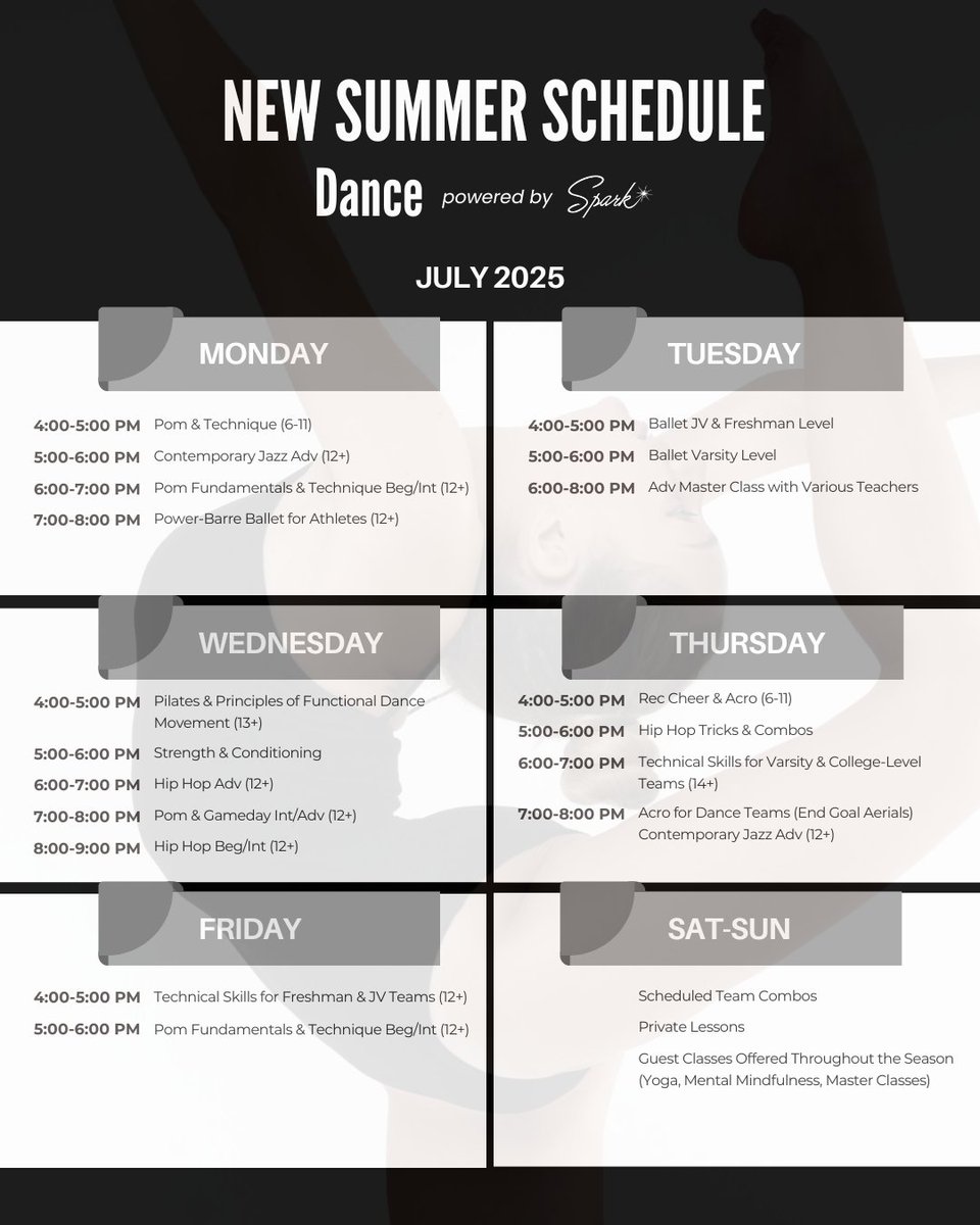 📣 ALERT: #UPSWING'S NEW #SUMMER #SCHEDULE
Starting May 27, you'll see a brand new #sportsperformance schedule where you can sign up for classes in #speed, #strength, and #agility within three different age groups. Plus, view our summer #dance schedule. Questions? (720) 500-5100