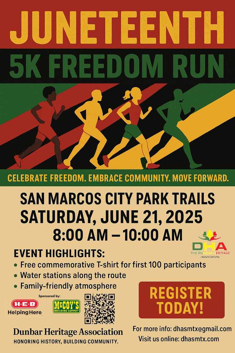 Please join us Saturday, June 21, 2025, for our Juneteenth 5K Freedom Run! It will take place from 8:00 AM - 10:00 AM on the San Marcos City Park trails.
Click here to register: zeffy.com/en-US/ticketin…