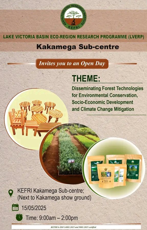 KEFRI Kakamega Sub-centre invites the public to its Open Day on Thursday, 15th May 2025. Exhibits include bamboo propagation, nursery and pest management, seed and soil testing, land rehabilitation, seed processing, and research publications. Karibuni!