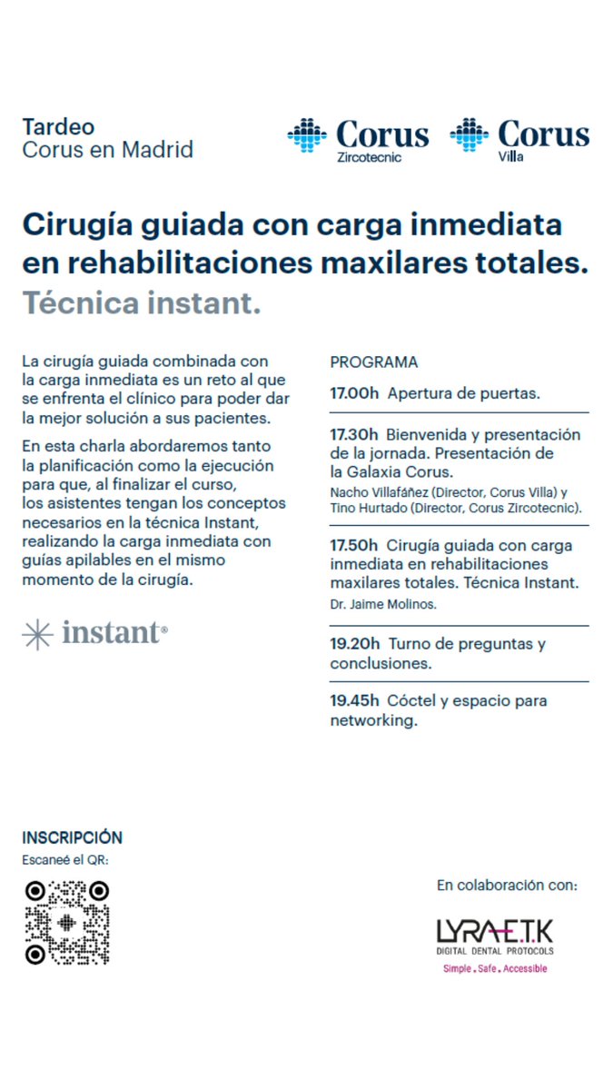 Nos hace mucha ilusión anunciar nuestra próxima colaboración con Corus, en la que presentaremos un caso clínico de rehabilitación maxilar con implantes iBone S y el sistema de cirugía guiada Instant con carga inmediata.
📍 27 de junio | Madrid

#LYRAETK #ImplantesDentales #iBone