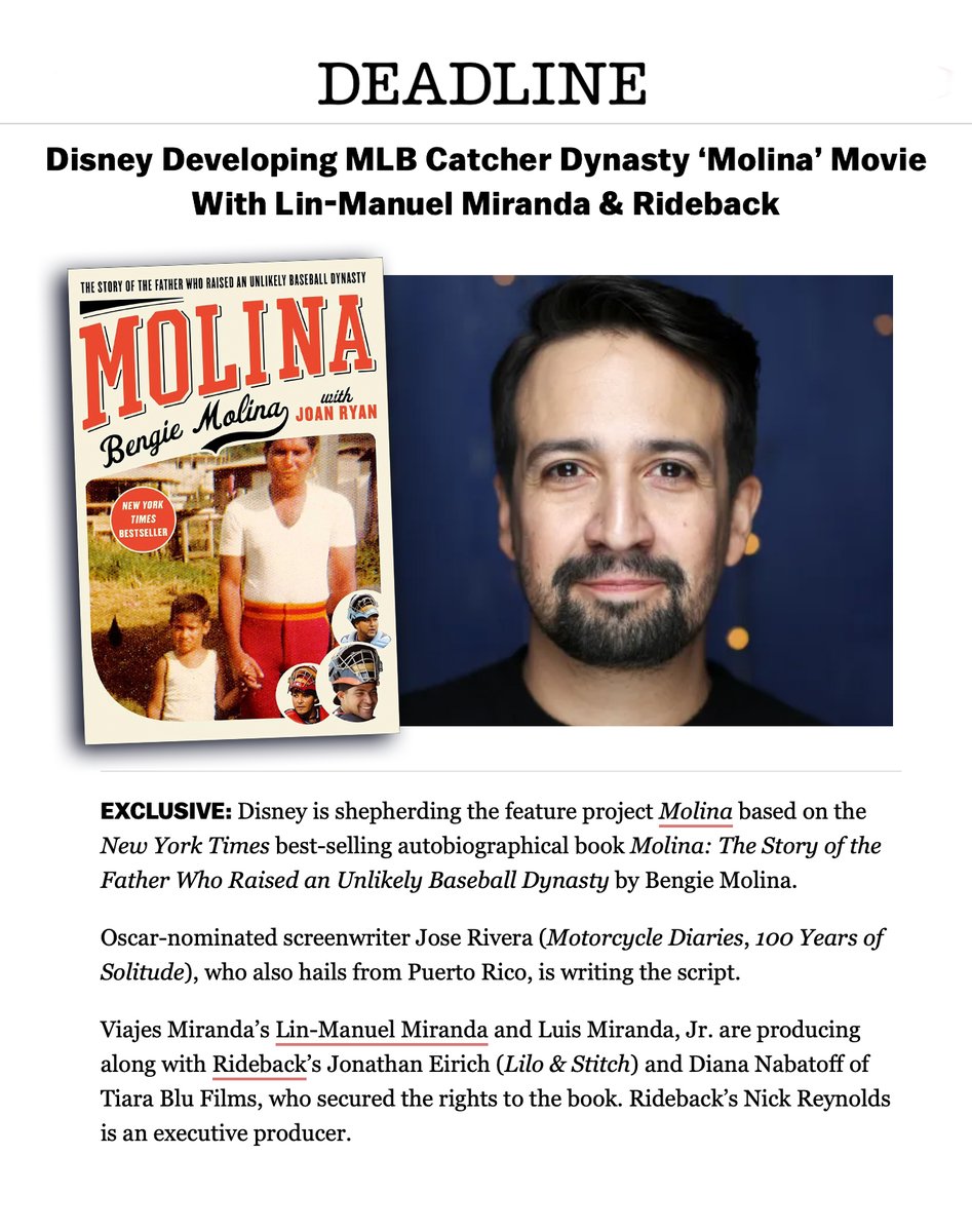 Thrilled to announce that <a href="/Lin_Manuel/">Lin-Manuel Miranda</a> and I are producing 'Molina' with Disney! Our Viajes Miranda team, along with Rideback &amp; Tiara Blu Films, is bringing the incredible true story of the Molina brothers —the only three brothers to play as <a href="/MLB/">MLB</a> catchers and all win World Series