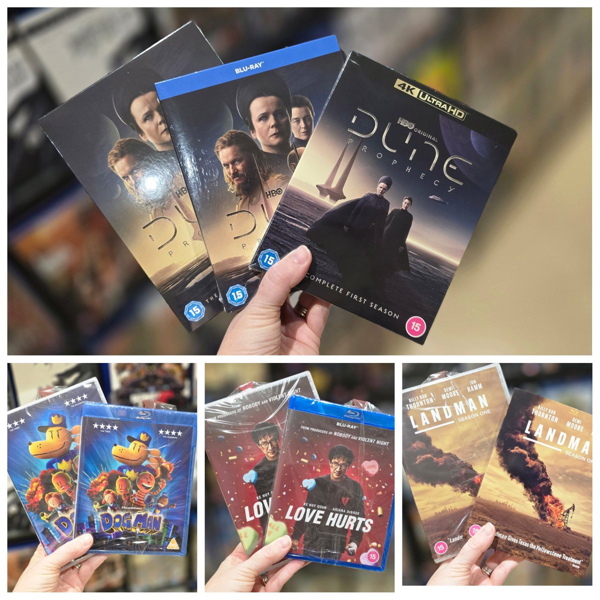 What's out this week  I hear you ask??
Check out our great new titles now available in store!
What one will you be watching?

#hmv #hmvthurrock #newreleasemonday #newreleases #dvd #bluray #4k #dogman #dune #duneprophecy #lovehurts #landman