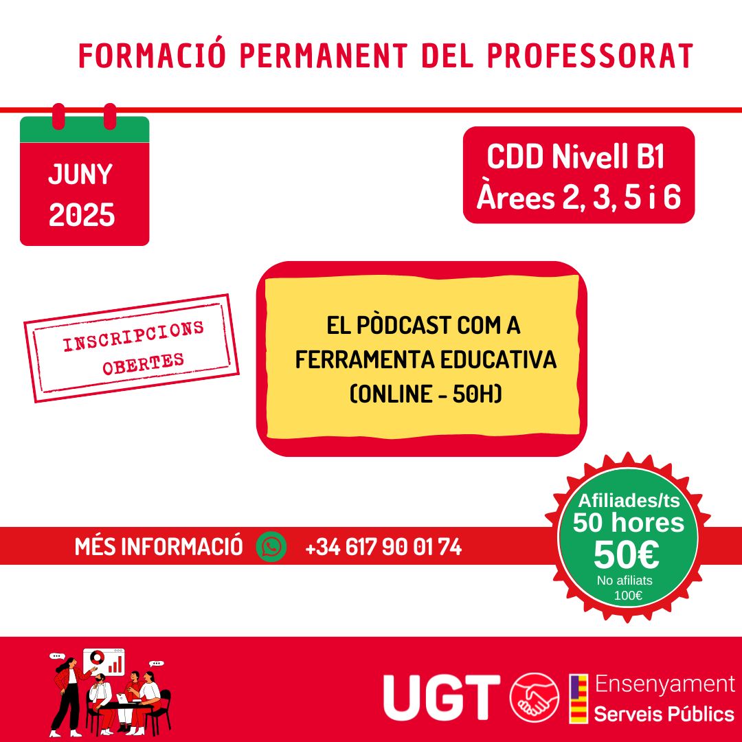 🎙️ Curs online – El *pòdcast* com a eina educativa (50h)

_*Aprèn a crear i utilitzar pòdcasts a l’aula com a recurs innovador i motivador.*_

✅ Acredita *nivell B1* de competència digital docent en les àrees *2, 3, 5 i 6*

🔗 Places limitades 👉ugtspib.playoffinformatica.com/PanellActivita…