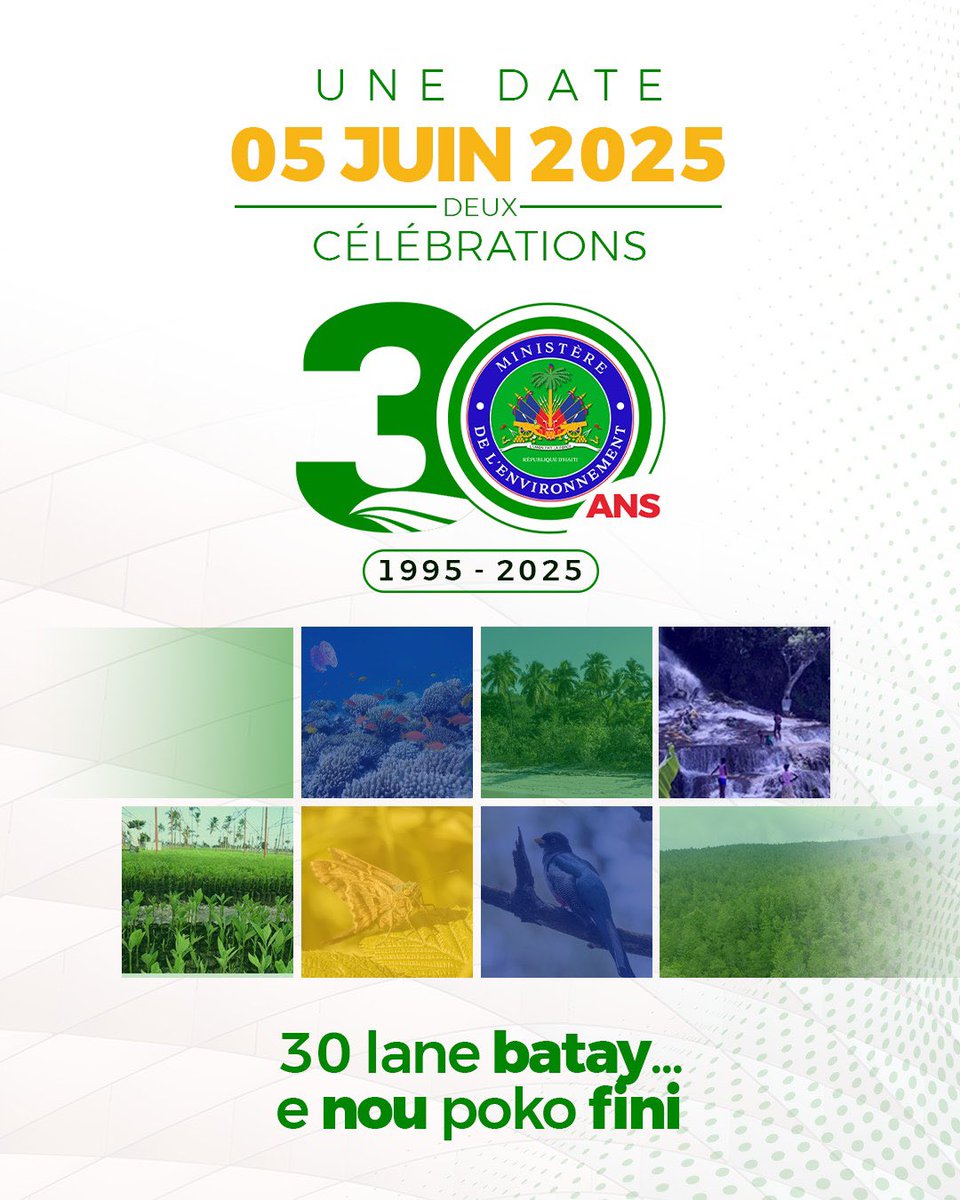 Ministère de l'Environnement 🇭🇹 (@environnementht) on Twitter photo Pandan 30 lane, Ministè <a href="/EnvironnementHT/">Ministère de l'Environnement 🇭🇹</a> kanpe tankou 𝐠𝐚𝐝 𝐩𝐚𝐥è lanati peyi Dayiti. Se yon batay chak jou pou pwoteje forè, rivyè, ak tout sa ki fè bote ak richès biyodivèsite nou.
𝟑𝟎 𝐥𝐚𝐧𝐞 𝐛𝐚𝐭𝐚𝐲… 𝐞 𝐧𝐨𝐮 𝐩𝐨𝐤𝐨 𝐟𝐢𝐧𝐢!
#30ansMdE #NouSeAnviwonman #Haiti Pandan 30 lane, Ministè <a href="/EnvironnementHT/">Ministère de l'Environnement 🇭🇹</a> kanpe tankou 𝐠𝐚𝐝 𝐩𝐚𝐥è lanati peyi Dayiti. Se yon batay chak jou pou pwoteje forè, rivyè, ak tout sa ki fè bote ak richès biyodivèsite nou.
𝟑𝟎 𝐥𝐚𝐧𝐞 𝐛𝐚𝐭𝐚𝐲… 𝐞 𝐧𝐨𝐮 𝐩𝐨𝐤𝐨 𝐟𝐢𝐧𝐢!
#30ansMdE #NouSeAnviwonman #Haiti
