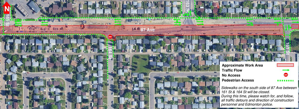 On or around May 20, 2025, Marigold crews will begin removing the temporary sidewalks on the south side of 87 Avenue between 161 Street and 164 Street to facilitate construction of the permanent curb and sidewalk.
MORE INFO: tinyurl.com/49383e2t