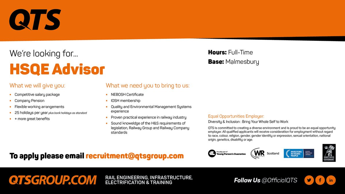 We are recruiting for HSQE Advisors to join our team based at our Malmesbury office. For more info and to apply visit: qtsgroup.com/vacancy/hsqe-a…