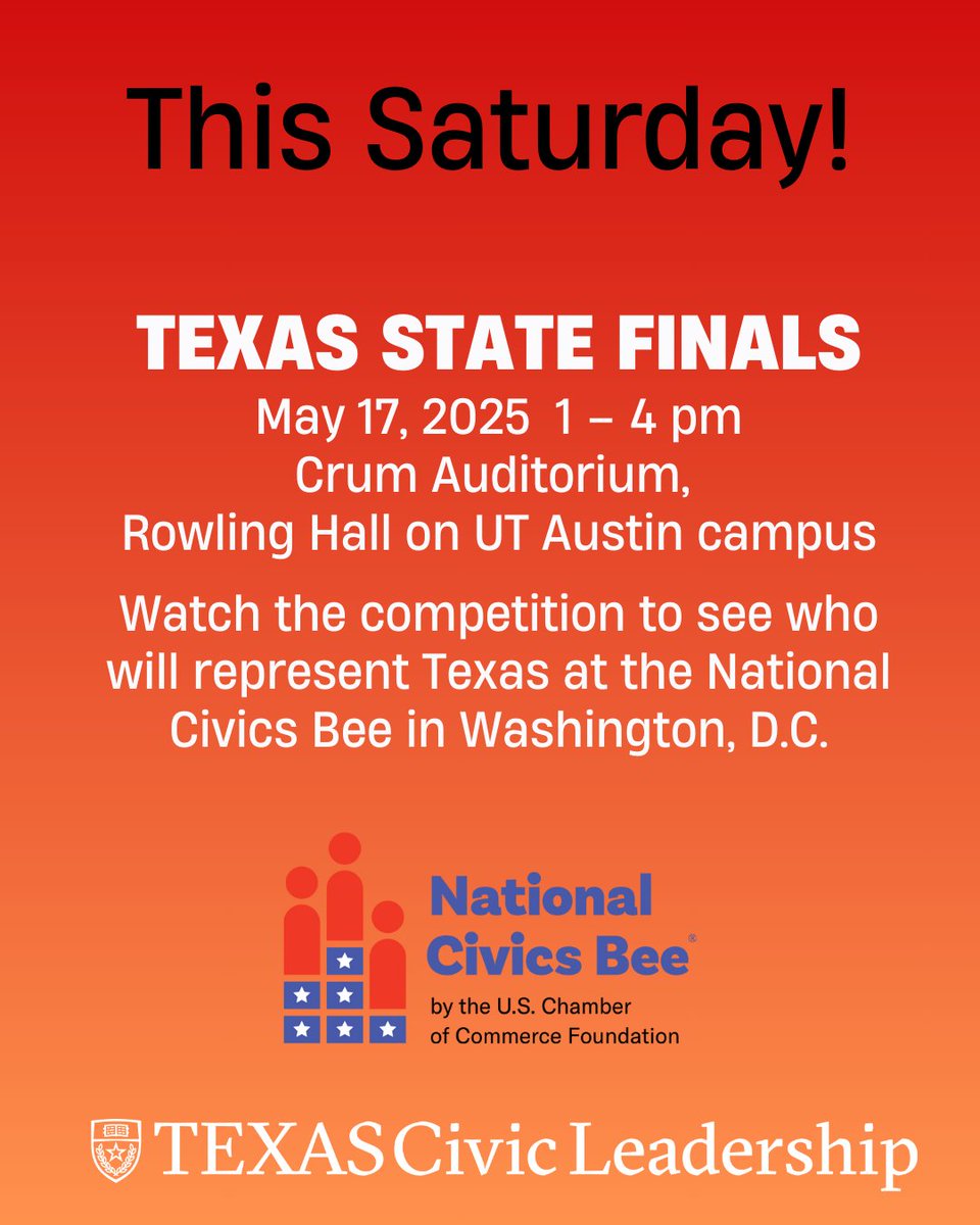 UT Civic Leadership (@utcivics) on Twitter photo <a href="/UTCivics/">UT Civic Leadership</a> <a href="/UTAustin/">UT Austin</a> will host the <a href="/USCCFoundation/">U.S. Chamber of Commerce Foundation</a> National Civics Bee® Texas State Finals for middle schoolers this Saturday. The winner will receive a trip to Washington, DC to compete in the #NationalCivicsBee championship in Fall 2025.
civicleadership.utexas.edu/national-civic… <a href="/UTCivics/">UT Civic Leadership</a> <a href="/UTAustin/">UT Austin</a> will host the <a href="/USCCFoundation/">U.S. Chamber of Commerce Foundation</a> National Civics Bee® Texas State Finals for middle schoolers this Saturday. The winner will receive a trip to Washington, DC to compete in the #NationalCivicsBee championship in Fall 2025.
civicleadership.utexas.edu/national-civic…