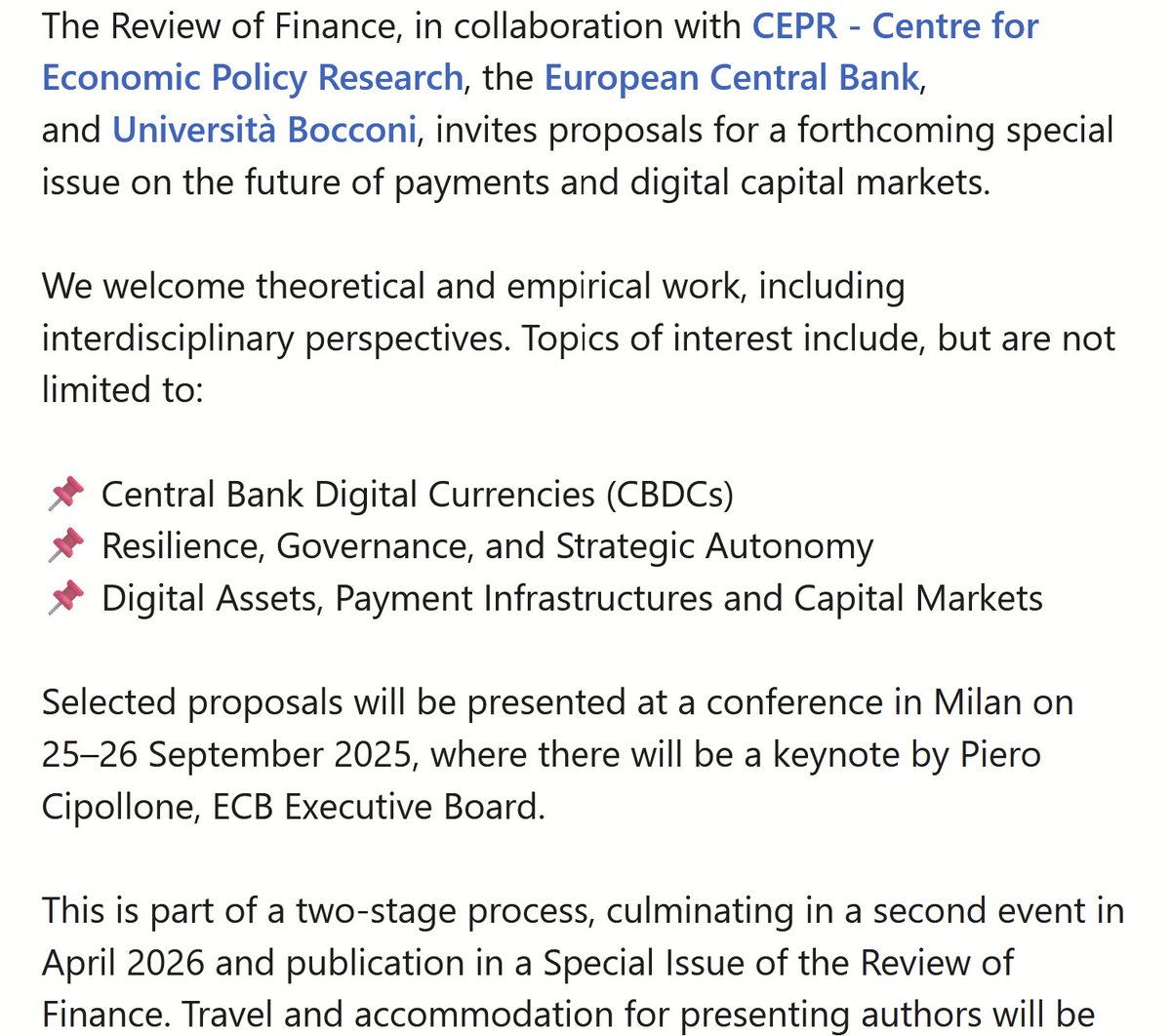 Nicola Limodio (@nicolalimodio) on Twitter photo Exciting call for proposals below for a conference at <a href="/Unibocconi/">Università Bocconi</a> in September with a special issue from the #ReviewofFinance on the issue of the #FutureOfPayments & #DigitalCapitalMarkets. Check this out, and consider submitting, see you in Milan. Link revfin.org/special-issue-… Exciting call for proposals below for a conference at <a href="/Unibocconi/">Università Bocconi</a> in September with a special issue from the #ReviewofFinance on the issue of the #FutureOfPayments & #DigitalCapitalMarkets. Check this out, and consider submitting, see you in Milan. Link revfin.org/special-issue-…