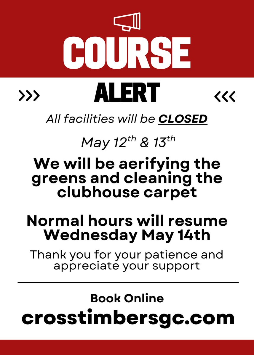 Cross Timbers Golf Course is closed Monday &amp; Tuesday, May 12&amp;13, but the rest of the week looks great for golf! 🏌🏼‍♂️Get your tee time booked crosstimbersgc.com