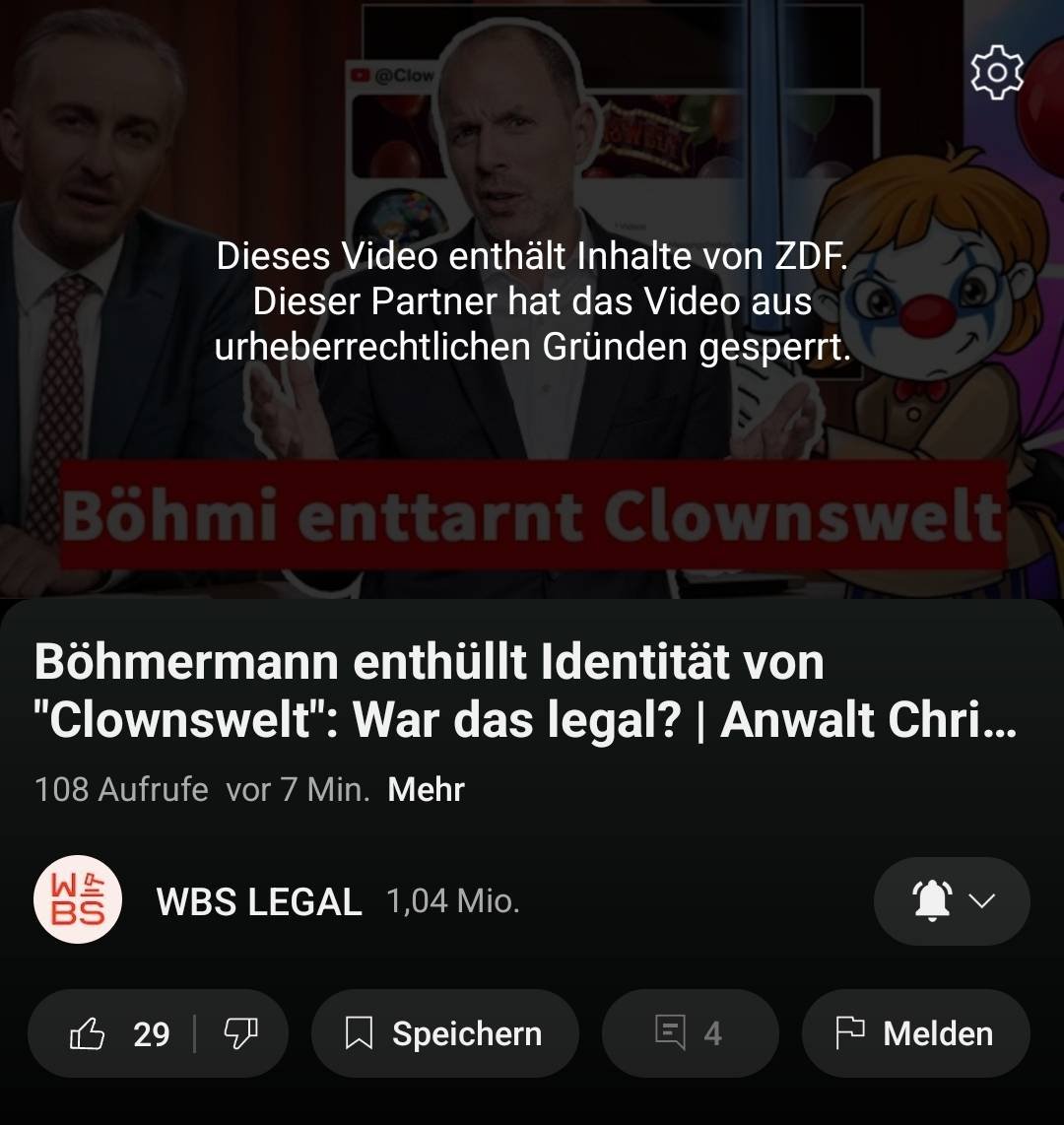 Auch <a href="/solmecke/">Prof. Christian Solmecke</a> hat nun sein Einschätzungsvideo zum Thema #Clownswelt zum Sachverhalt gebracht. 
Kurzfassung: 
Er sieht das Doxxing bestätigt. 

Spannend auch, dass <a href="/ZDF/">ZDF</a> versucht hat das Video zu sperren. 

youtube.com/watch?v=aRflRQ…
Link zum Video