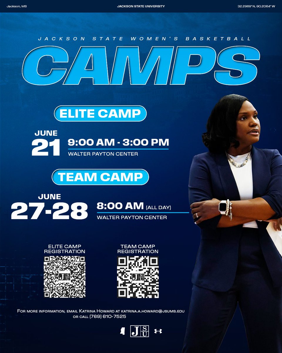 𝐉𝐚𝐜𝐤𝐬𝐨𝐧 𝐒𝐭𝐚𝐭𝐞 𝐖𝐁𝐁 𝐂𝐚𝐦𝐩𝐬 🐅

🏀 𝐄𝐥𝐢𝐭𝐞 𝐂𝐚𝐦𝐩 – 𝐉𝐮𝐧𝐞 𝟐𝟏, 𝟐𝟎𝟐𝟓
🏀 𝐓𝐞𝐚𝐦 𝐂𝐚𝐦𝐩 – 𝐉𝐮𝐧𝐞 𝟐𝟕-𝟐𝟖, 𝟐𝟎𝟐𝟓

Scan QR Code | Contact Coach K Howard

*open to any and all entrants (limited only by number, age, grade level and/or gender).