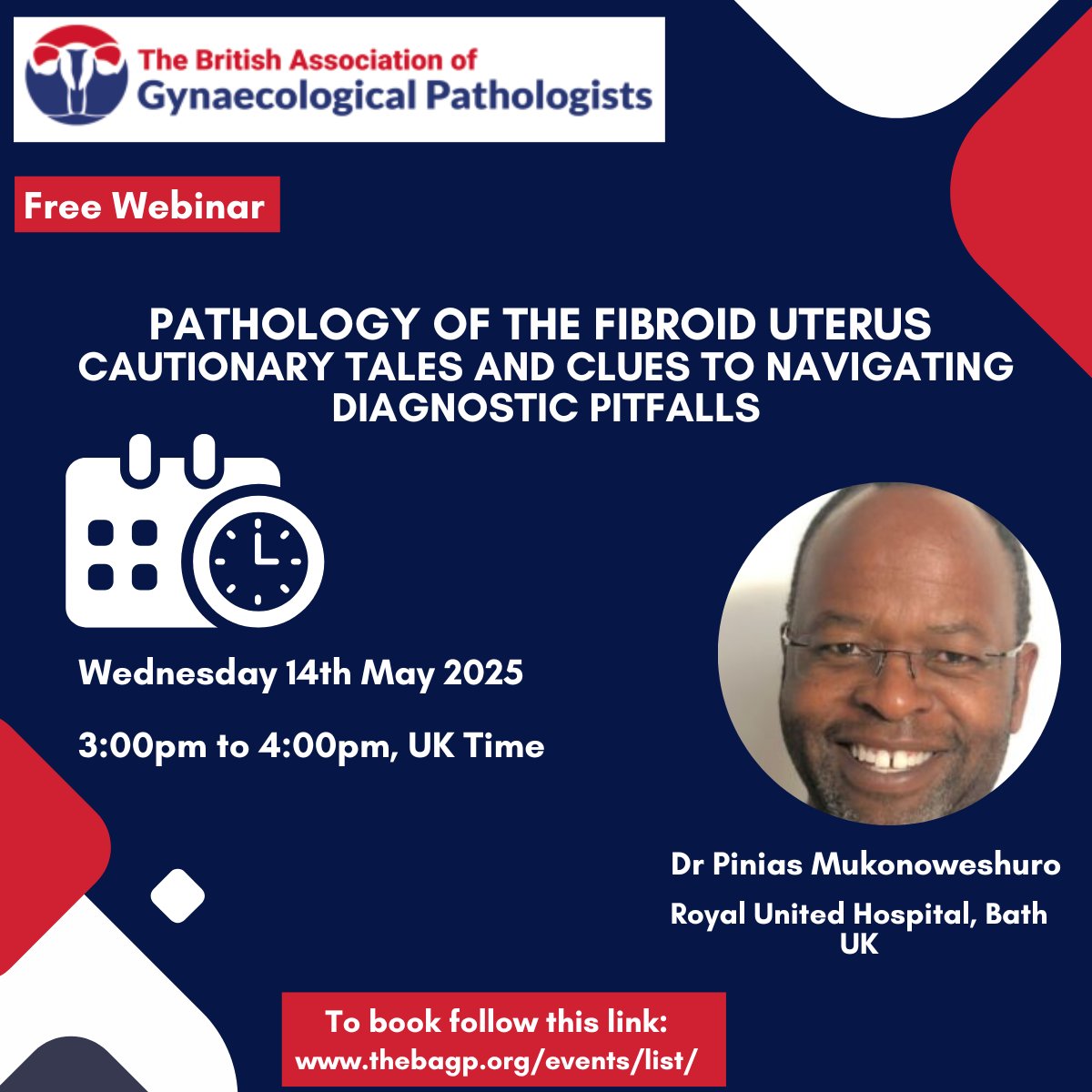Please join us for our monthly webinar on Wed 14 May at 3 pm UK time. This month's topic is a session on "Pathology of the Fibroid Uterus: Cautionary Tales &amp; Clues to Navigating Diagnostic Pitfalls" with Dr Mukonoweshuro.  Free to register @ thebagp.org/events/list/ #PathTwitter