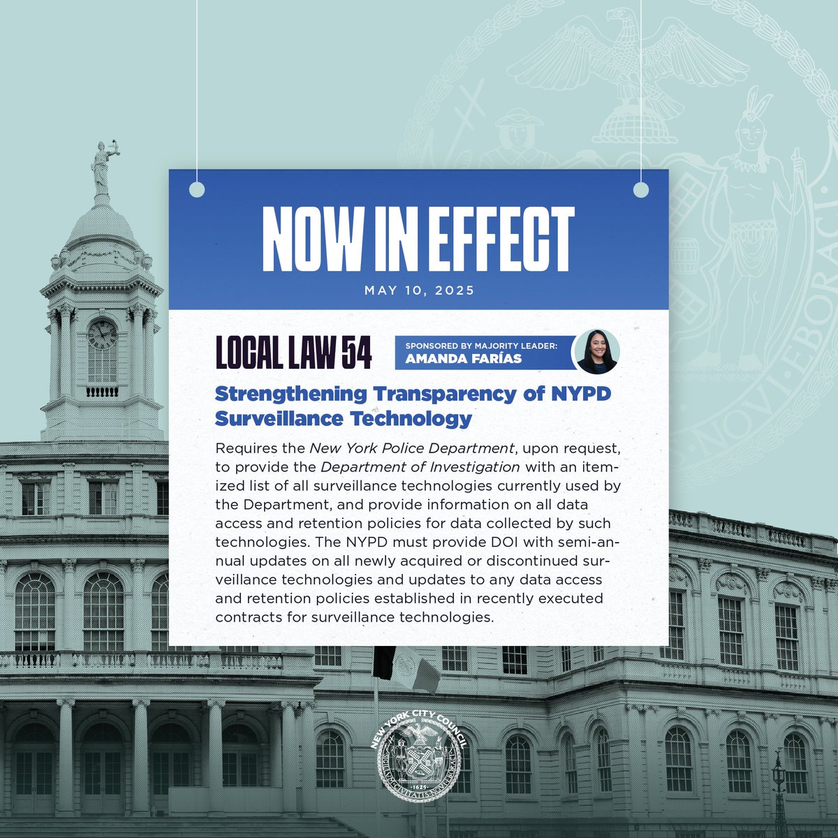 New York City Council (@nyccouncil) on Twitter photo NOW IN EFFECT
✅ Local Law 54, sponsored by <a href="/CMAmandaFarias/">Council Member Amanda Farías</a>
This law requires the NYPD to provide the Department of Investigation with an itemized list of all surveillance technologies currently used by the Department and provide information on all data access and retention NOW IN EFFECT
✅ Local Law 54, sponsored by <a href="/CMAmandaFarias/">Council Member Amanda Farías</a>
This law requires the NYPD to provide the Department of Investigation with an itemized list of all surveillance technologies currently used by the Department and provide information on all data access and retention