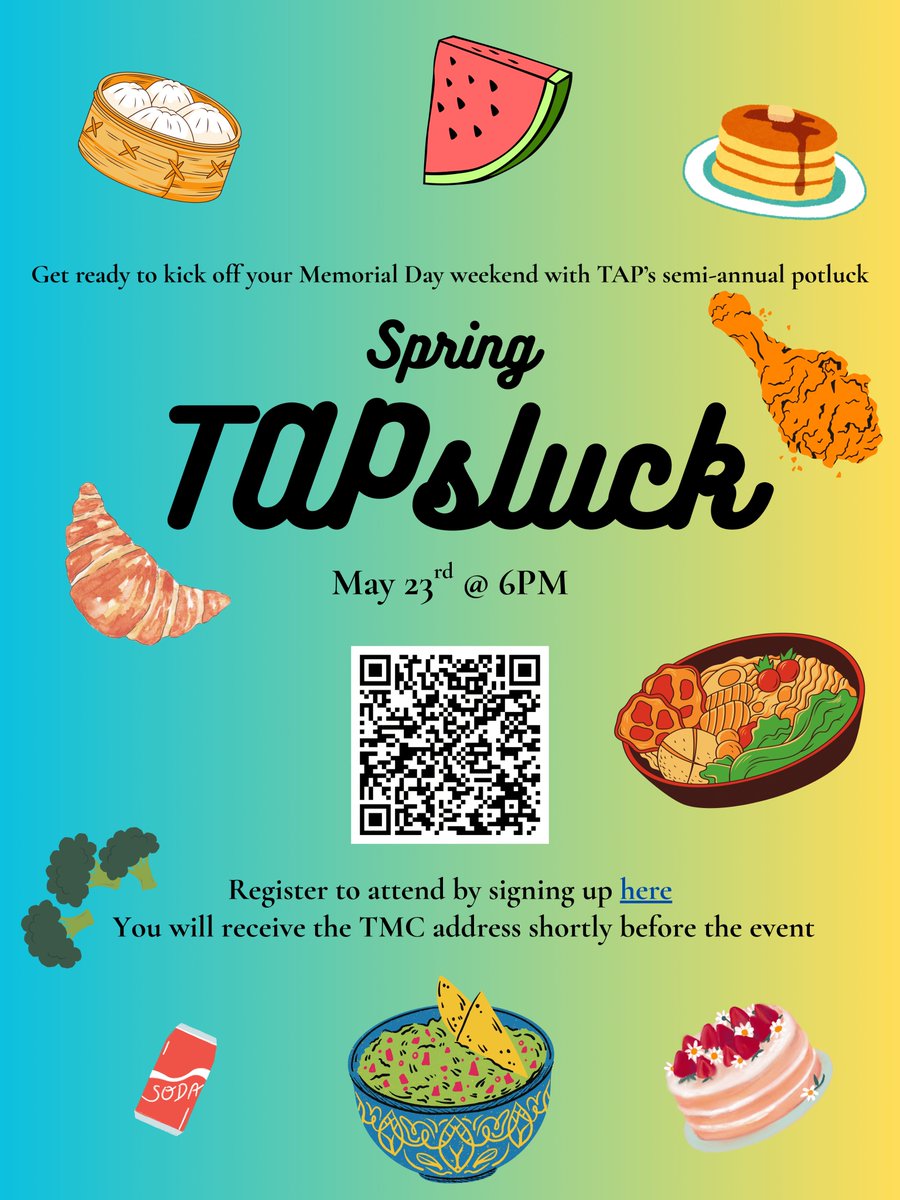 Join us on Friday, May 23rd at 6 pm for our Spring TAPsluck! First years, TAP students and faculty, and plus-ones are all invited. Sign up to attend and bring a dish here: docs.google.com/spreadsheets/d…