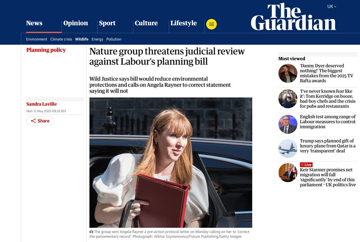 'Nature group threatens judicial review against Labour's planning bill'.

The new planning bill is environmentally regressive. We're asking Angela Rayner to correct her statement that says it's not.

Read more in the Guardian: theguardian.com/politics/2025/…