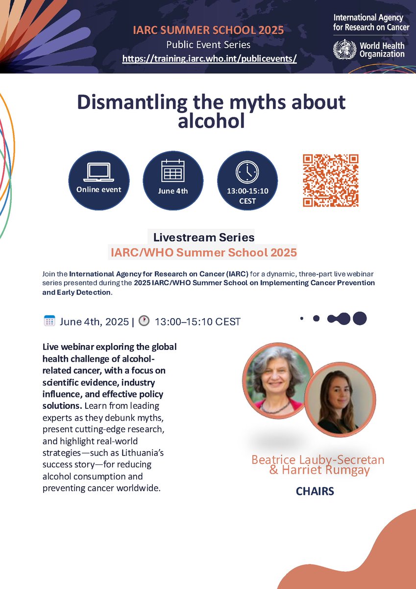 Join the 3rd &amp; final installment of our #IARCSummerSchool webinar series!
Webinar 3 is: Dismantling the myths about #alcohol.
Experts present research &amp; highlight strategies for reducing alcohol consumption &amp; preventing #cancer.
4 Jun, 13:00 CEST
Register:
iarc.zoom.us/webinar/regist…