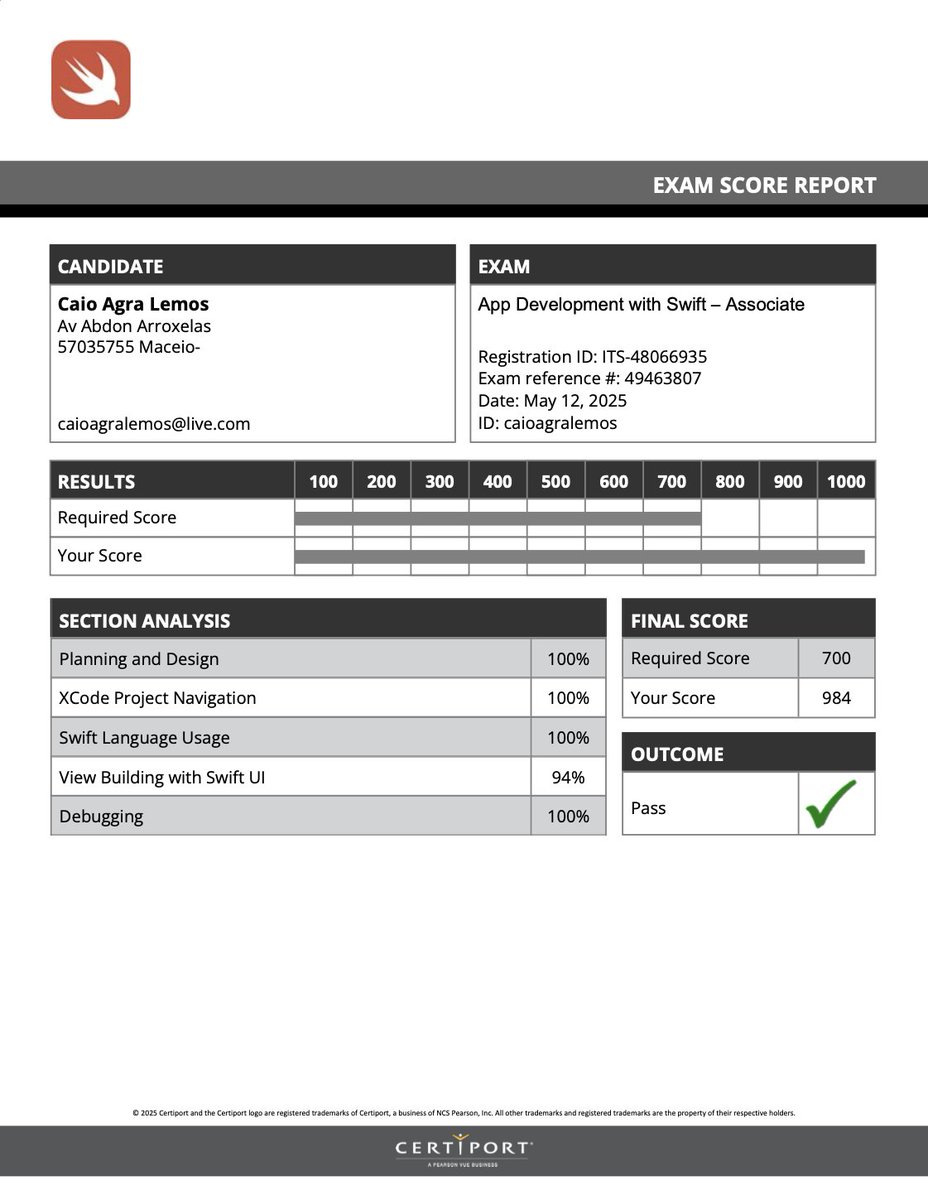 Happy to announce that I’ve been certified by <a href="/Apple/">Apple</a> (again) as an iOS developer with Swift, this time in the Associate test and almost got 100%! This recognition validates my continuous efforts to keep improving more and more. And I'm still just warming up!

#Swift #SwiftUI