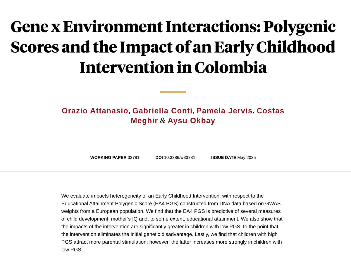 Yale Department of Economics (@yaleeconomics) on Twitter photo NEW in <a href="/nberpubs/">NBER</a>: "In this paper, we investigate whether the impacts of a randomized Early Childhood Intervention in Colombia vary depending on the child’s genetic background."
By <a href="/orazio_at/">Orazio Attanasio</a>, <a href="/Gabri_EllaConti/">Gabriella Conti</a>, <a href="/jervis_pam/">Pam Jervis</a>, <a href="/CostasMeghir/">Costas Meghir</a>, & Aysu Okbay: nber.org/papers/w33781 NEW in <a href="/nberpubs/">NBER</a>: "In this paper, we investigate whether the impacts of a randomized Early Childhood Intervention in Colombia vary depending on the child’s genetic background."
By <a href="/orazio_at/">Orazio Attanasio</a>, <a href="/Gabri_EllaConti/">Gabriella Conti</a>, <a href="/jervis_pam/">Pam Jervis</a>, <a href="/CostasMeghir/">Costas Meghir</a>, & Aysu Okbay: nber.org/papers/w33781
