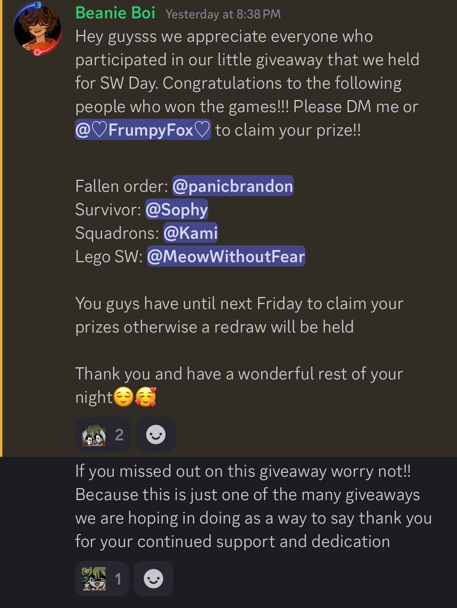 FrumpyFox's tweet image. The winners of our giveaway where released last night during the first 30min of stream we appreciate everyone’s participation and hope to do more giveaways in the future🥰
