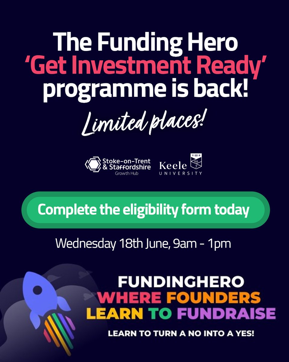 It’s back! The Funding Hero – Get Investment Ready programme returns this summer, giving Staffordshire-based businesses the chance to get expert-led support on securing investment.

Full programme details: eventbrite.co.uk/e/funding-hero…

Held and supported by Keele University.