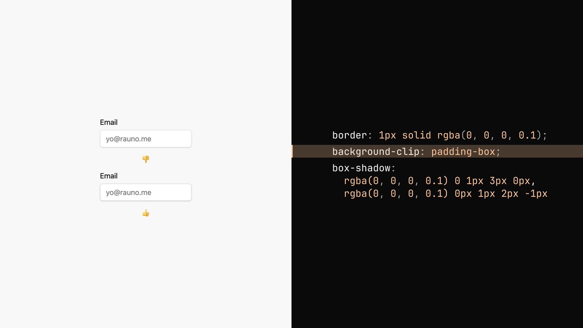 You can use background-clip to blend translucent borders with shadows in CSS

No need to define the border as part of box-shadow, and you'll be able to animate it on hover/focus 

codepen.io/rauno/pen/bNNO…