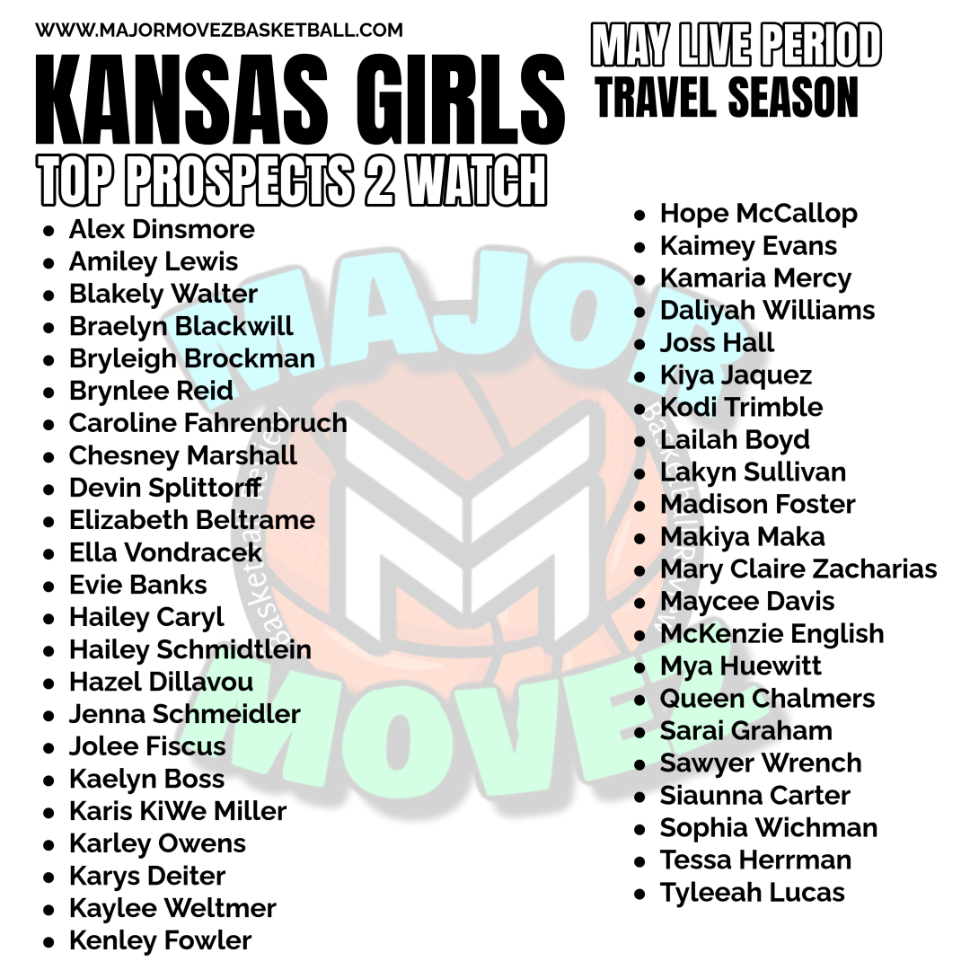 #MMBR Kansas Girls | May Live Period
Top Prospects 2 Watch <a href="/MajorMovezMedia/">Major Movez Media</a> 
 <a href="/Braelyn2028/">Braelyn Blackwill 2028</a> <a href="/JennaSchmeidler/">Jenna Schmeidler</a> <a href="/kaelyn_boss23/">Kaelyn Boss</a> 
 <a href="/HaileyCaryl/">Hailey Caryl</a> <a href="/hailey22schmidt/">Hailey Schmidtlein 2028</a> <a href="/saraig2028/">Sarai Graham</a> <a href="/Chesney2028/">Chesney Marshall</a> <a href="/lailah_boyd24/">Lailah Boyd</a> 
 <a href="/KayleeWeltmer/">Kaylee Weltmer</a> <a href="/alexdinsmore/">AlexDinsmore</a> <a href="/MayDa2028/">Maycee Davis</a> 
 <a href="/sophiawichman3/">Sophia Wichman</a> <a href="/DevinSplitt2028/">Devin Splittorff</a>