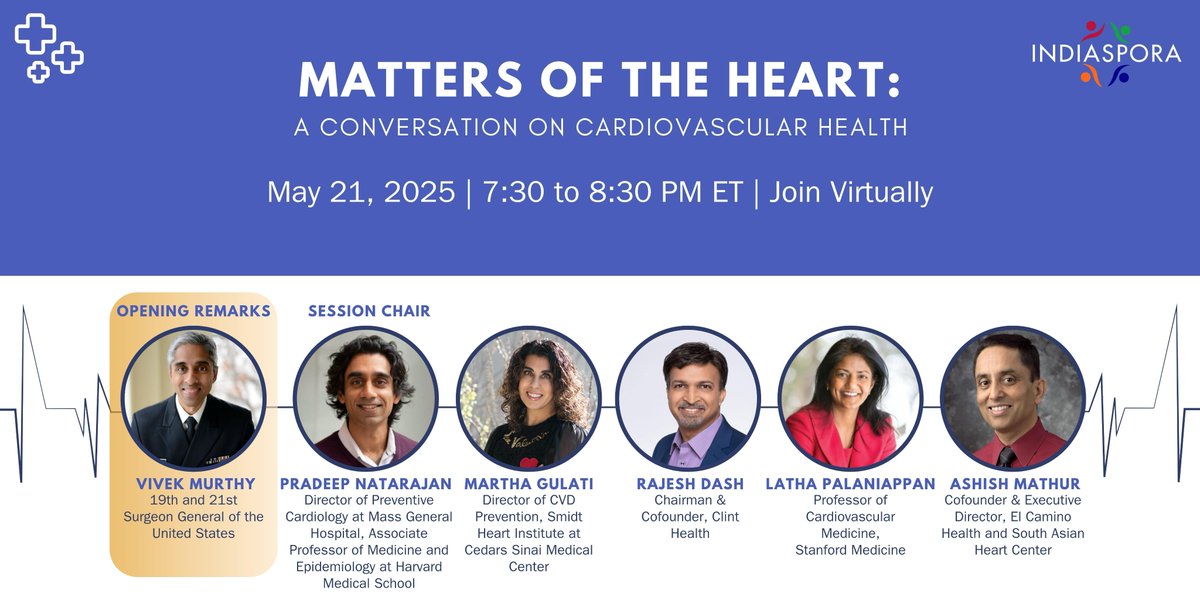 Pradeep Natarajan (@pnatarajanmd) on Twitter photo Very excited to Chair this webinar on Cardiovascular Health May 21 7:30-8:30p ET hosted by <a href="/indiaspora/">INDIAspora</a> with Opening Remarks from <a href="/vivek_murthy/">Vivek Murthy</a>.
Register: us02web.zoom.us/meeting/regist…
Panelists: <a href="/DrMarthaGulati/">Dr. Martha Gulati ♥️🫀❤️🩹🇨🇦</a> <a href="/rdash/">Raj Dash</a> L. Palaniappan & A. Mathur Very excited to Chair this webinar on Cardiovascular Health May 21 7:30-8:30p ET hosted by <a href="/indiaspora/">INDIAspora</a> with Opening Remarks from <a href="/vivek_murthy/">Vivek Murthy</a>.
Register: us02web.zoom.us/meeting/regist…
Panelists: <a href="/DrMarthaGulati/">Dr. Martha Gulati ♥️🫀❤️🩹🇨🇦</a> <a href="/rdash/">Raj Dash</a> L. Palaniappan & A. Mathur