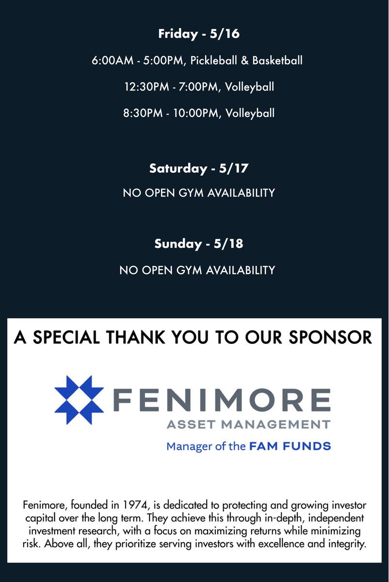 Happy Monday! ⛅️
Here is this week’s Open Gym Schedule for May 12 — May 18. We hope everyone has a fantastic week!

A special thank you to our sponsor Fenimore Asset Management for their support! 🙌

#halfmoon #monday #ImpactAthleticCenter #week #sponsor #schedule #morning