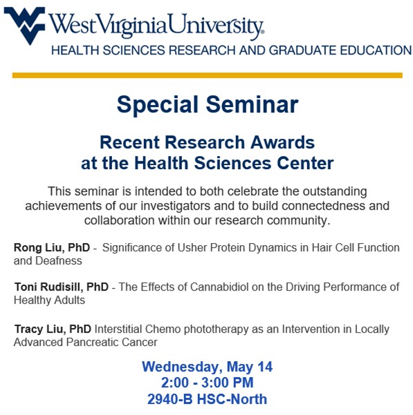 ❗️❗️❗️JOIN US this Wednesday 5/14 to hear about the latest research awards granted at the HSC!  #WVU #wvuresearch <a href="/WVUhealth/">WVU Health Sciences</a>
