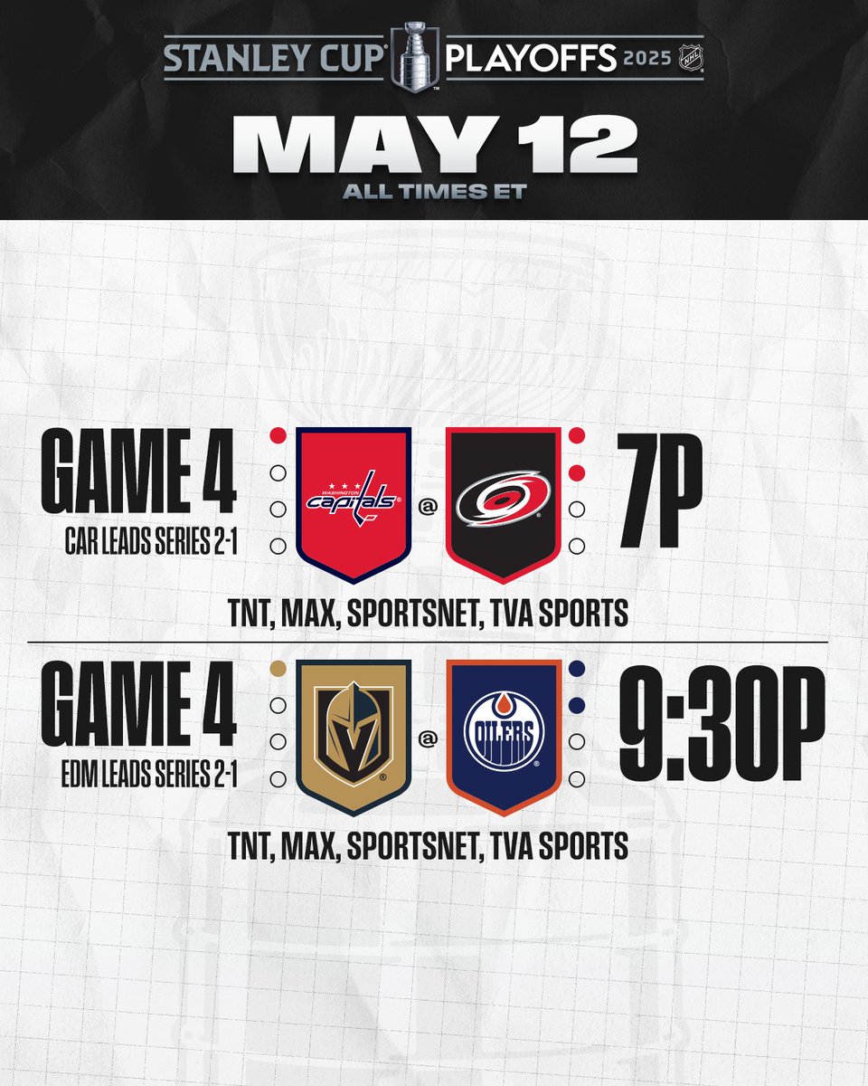 NHL (@nhl) on Twitter photo Two Game 4s on tap tonight... 👀
Will the <a href="/Canes/">Carolina Hurricanes</a> and <a href="/EdmontonOilers/">Edmonton Oilers</a> go up 3-1 in their respective series, or will the <a href="/Capitals/">Washington Capitals</a> and the <a href="/GoldenKnights/">y-Vegas Golden Knights</a> pull even?
Watch more #StanleyCup Playoffs action TONIGHT starting at 7p ET on <a href="/SportsonMax/">Sports on Max</a>, <a href="/NHL_On_TNT/">NHLonTNT</a>, <a href="/Sportsnet/">Sportsnet</a>, and Two Game 4s on tap tonight... 👀
Will the <a href="/Canes/">Carolina Hurricanes</a> and <a href="/EdmontonOilers/">Edmonton Oilers</a> go up 3-1 in their respective series, or will the <a href="/Capitals/">Washington Capitals</a> and the <a href="/GoldenKnights/">y-Vegas Golden Knights</a> pull even?
Watch more #StanleyCup Playoffs action TONIGHT starting at 7p ET on <a href="/SportsonMax/">Sports on Max</a>, <a href="/NHL_On_TNT/">NHLonTNT</a>, <a href="/Sportsnet/">Sportsnet</a>, and