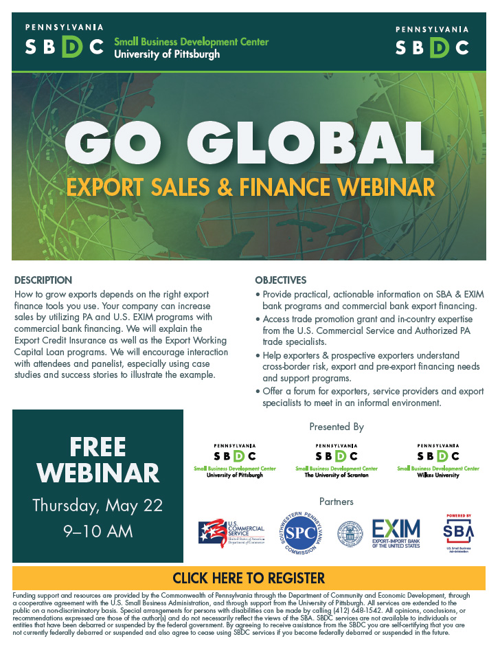 DuquesneSBDC's tweet image. GO GLOBAL - Free Export Sales &amp;amp; Finance Webinar
Thurs, May 22 - 9–10 AM

Export finance tools you use. Your company can increase sales by utilizing PA and U.S. EXIM programs with commercial bank financing. 

To register - pasbdc.ecenterdirect.com/events/32422

#goglobal #exporting