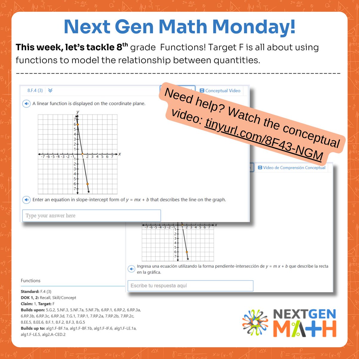 next_gen_math's tweet image. 📈 Math Monday is here with a focus on 8th Grade Functions!

This week’s problem aligns with Target F, where students model the relationship between quantities using functions.

Drop your answers below and tag a fellow educator who teaches functions! 🧠#mathmonday #nextgenmath
