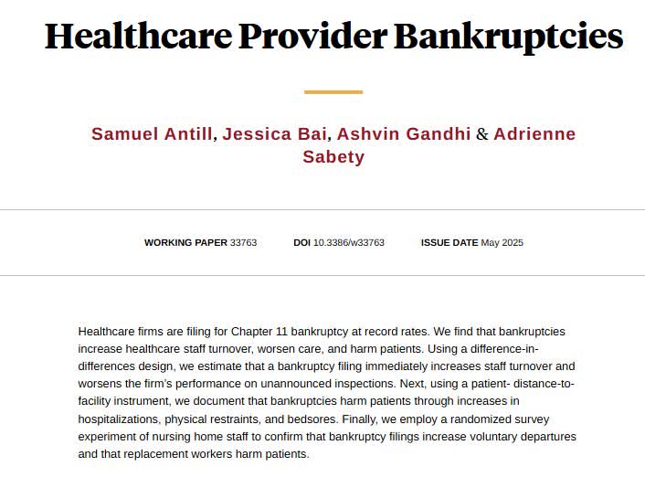 NBER (@nberpubs) on Twitter photo Bankruptcies by healthcare firms increase staff turnover, worsen care, and harm patients, from Samuel Antill, Jessica Bai, <a href="/ashdgandhi/">Ashvin Gandhi</a>, and <a href="/AdrienneSabety/">Adrienne Sabety</a> nber.org/papers/w33763 Bankruptcies by healthcare firms increase staff turnover, worsen care, and harm patients, from Samuel Antill, Jessica Bai, <a href="/ashdgandhi/">Ashvin Gandhi</a>, and <a href="/AdrienneSabety/">Adrienne Sabety</a> nber.org/papers/w33763