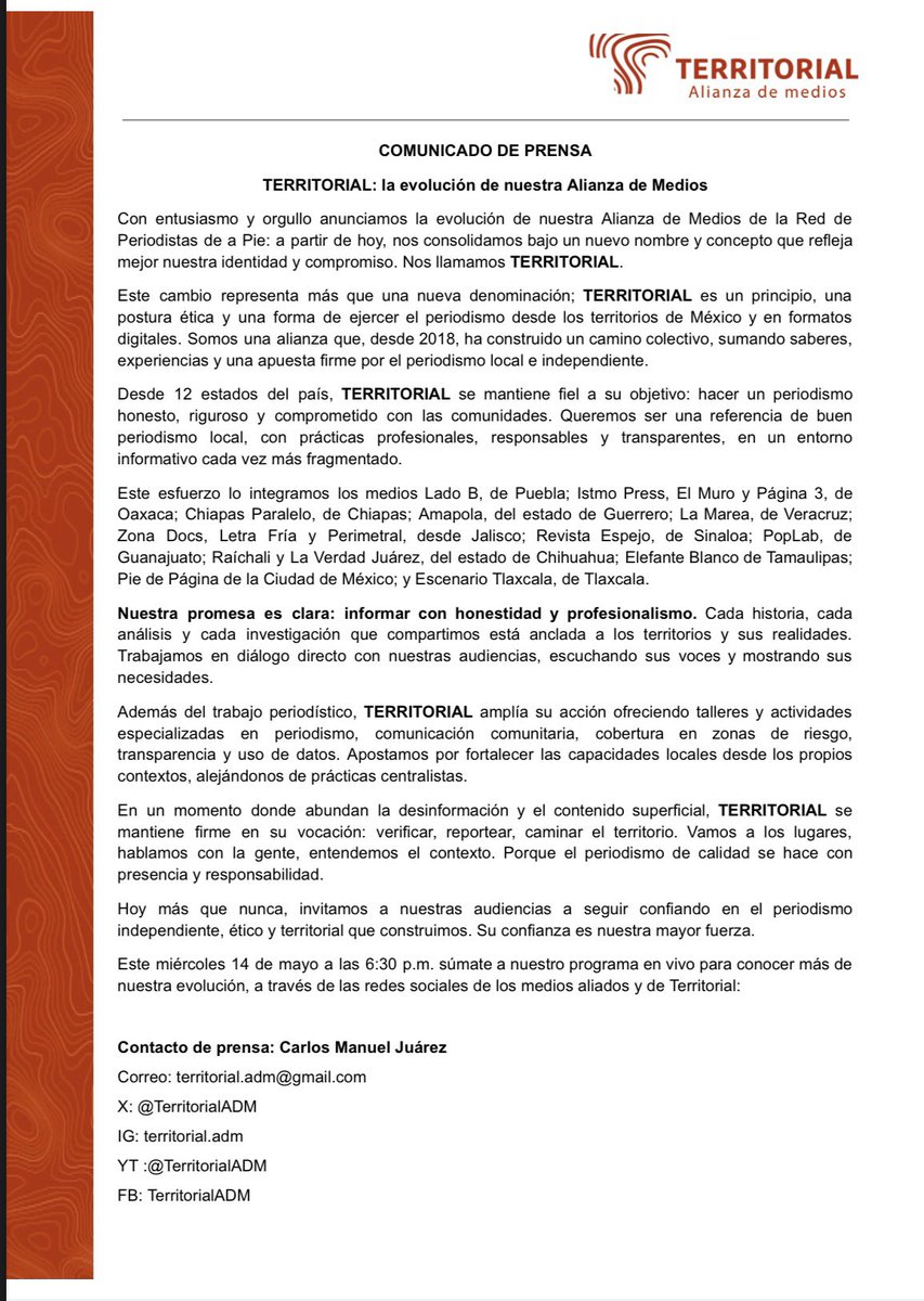 Hoy les anunciamos Territorrial, alianza de medios, una evolución por el periodismo independiente y local desde los estados de México. 

¡Síguenos para conocer más información!

Encuentra más detalles en el comunicado.
