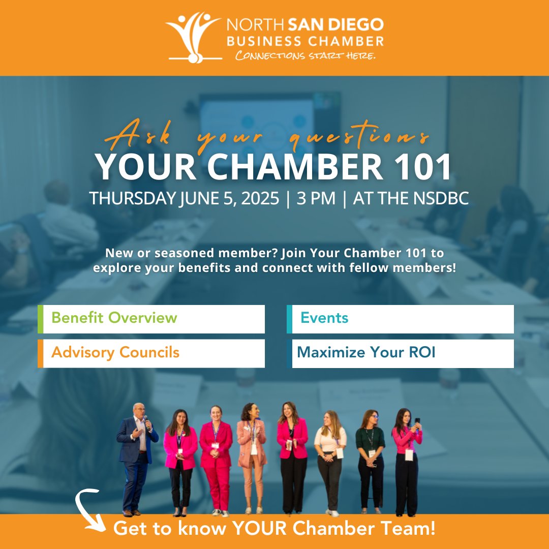 sdbizchamber's tweet image. Whether you&apos;re new, considering membership, or just need a refresher, Your Chamber 101 is the perfect place to learn how we help you grow, connect, and get real value from your membership.

Register here: ow.ly/RPBA50VQeZK

#nsdbc #chamber #sandiego #starthere #connect
