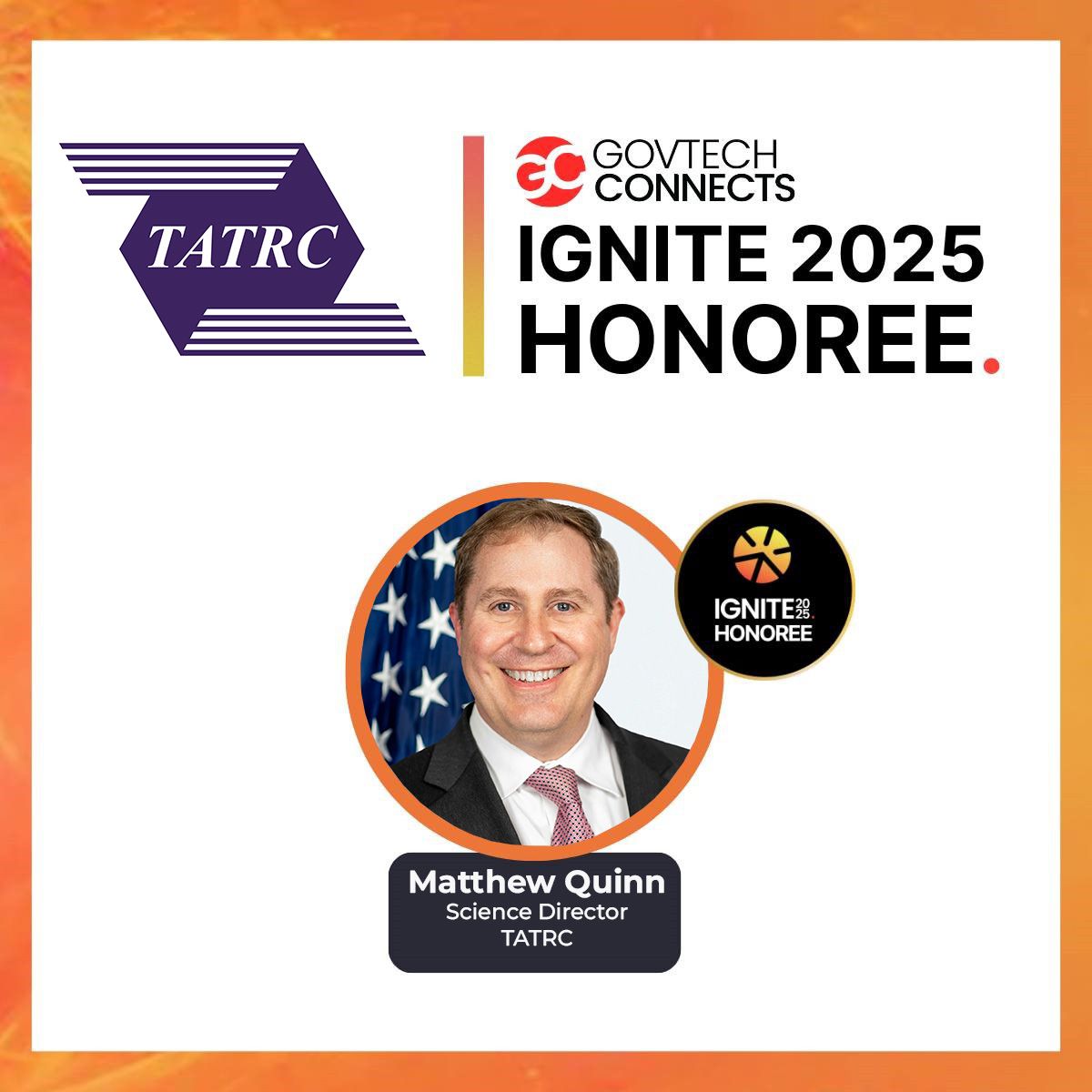 Science Director, Mr. Matt Quinn, is a 2025 GOVTECH CONNECTS IGNITE honoree for his leadership in digital transformation. Matt's efforts are pivotal in advancing Military Health technology. Join us in congratulating "Mighty" Matt Quinn on this achievement! #IGNITE2025