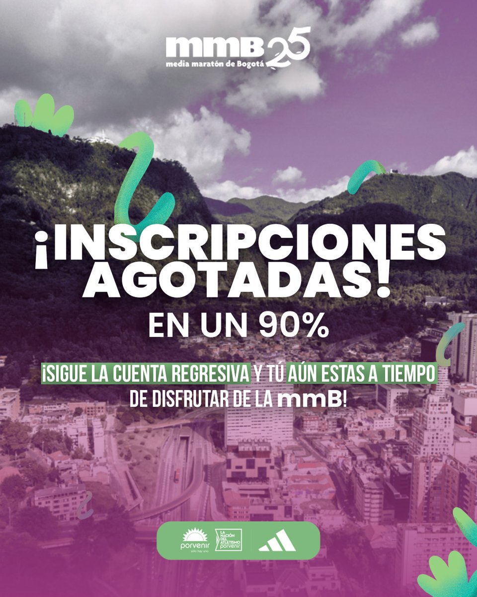 mediamaratonbog's tweet image. 🚨 90% de inscripciones agotadas… ¡La cuenta regresiva ha comenzado! para que más de 40.000 corredores disfruten de la media maratón de Bogotá.

La ciudad está lista, la comunidad está motivada, ¡Asegura tu cupo antes de que se agoten los últimos!
#Disfrútala #mmB2025 #mmB